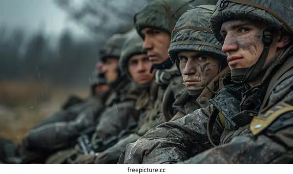 A group of soldiers in camouflage uniforms are sitting in a row. They are all looking in the same direction.