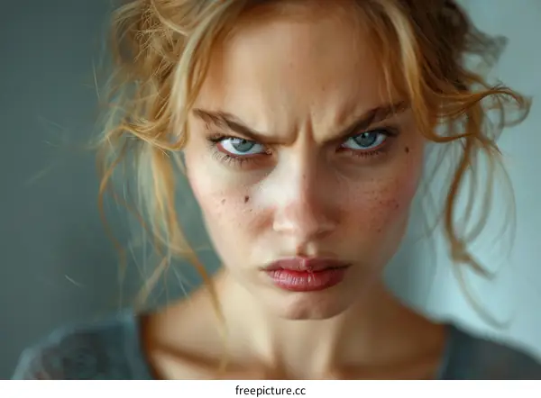 Close-up Portrait of a Caucasian Woman with a Strong Expression