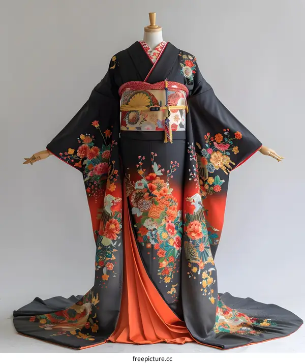 A woman wearing a black kimono with red and orange floral patterns.
