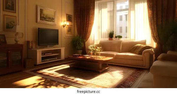 Sunlit Living Room With Sofa And Coffee Table