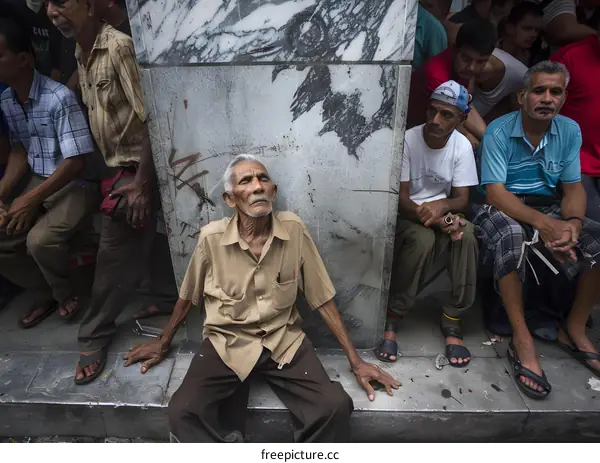 Old Man Sitting on the Sidewalk with Other People