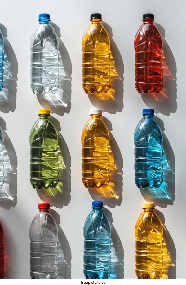 Bottles of Different Colors and Sizes Arranged in a Grid Pattern