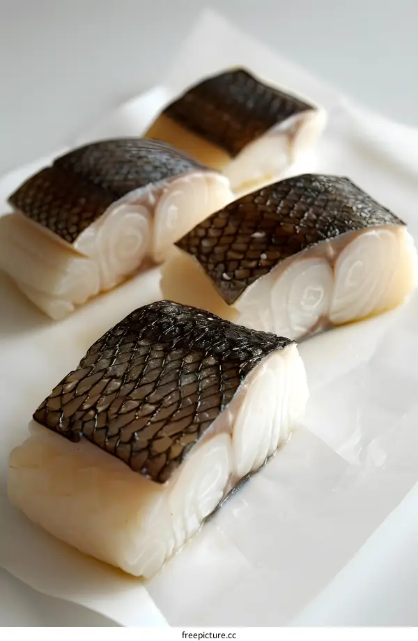 Four pieces of raw fish fillet with skin