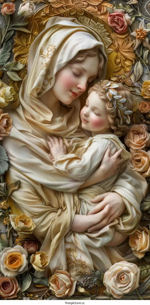 Mother and Child Sculpture with Roses