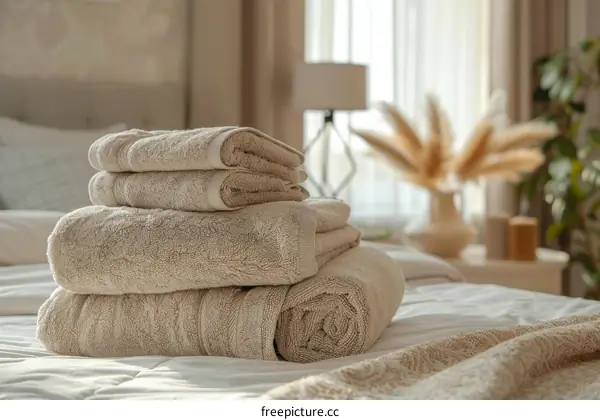 Rolled and stacked beige towels on the bed