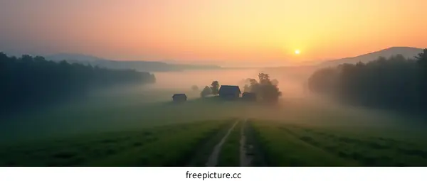 Misty Morning Sunrise Over Farm Houses in Field