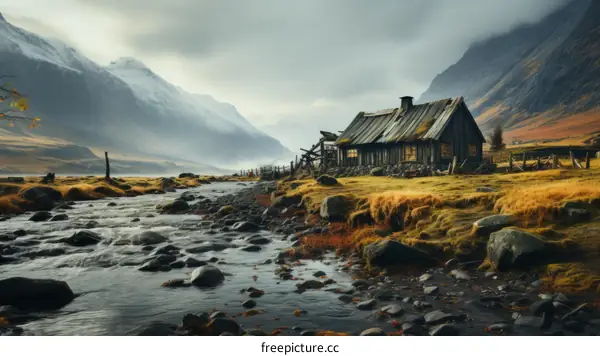 Thatched Roof Cottage in Mountain Valley with Stream