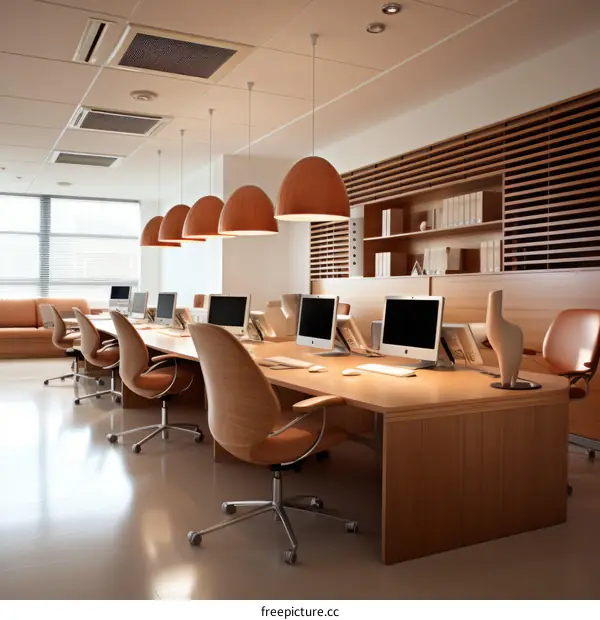 Modern Office Workspace With Wood Furniture and Orange Pendant Lights