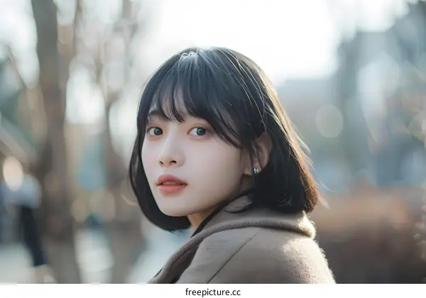 Young Asian Woman Looking Over Shoulder with Brown Jacket