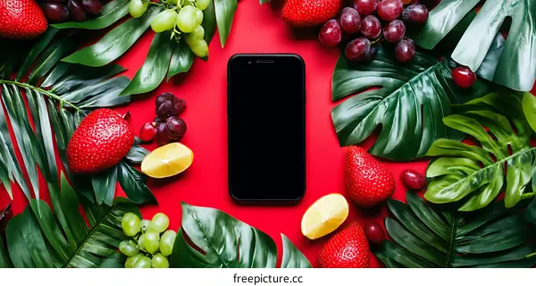 Black Smartphone on Red Background with Tropical Fruits and Leaves
