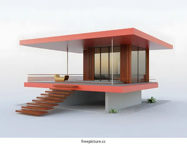 Modern Minimalist Red House with Wooden Stairs and Balcony
