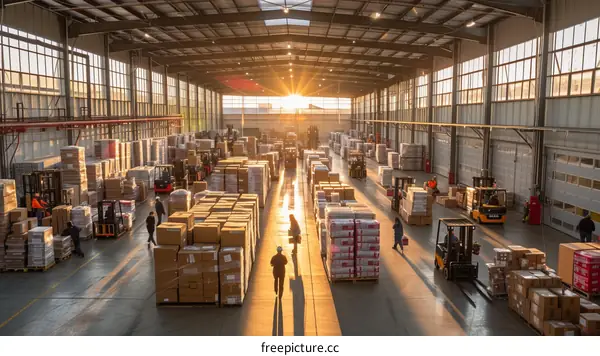 A large warehouse with many workers and forklifts