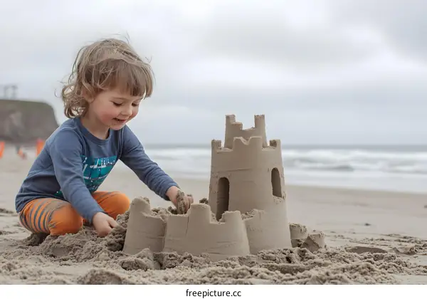 Young Girl Building Sandcastle on Beach
