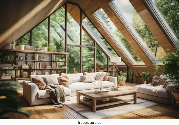 A wooden house surrounded by greenery