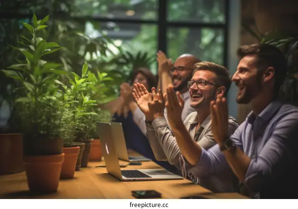 Colleagues applaud the presentation of a new project