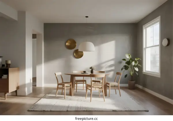 Modern minimalist dining room with wooden furniture and natural light