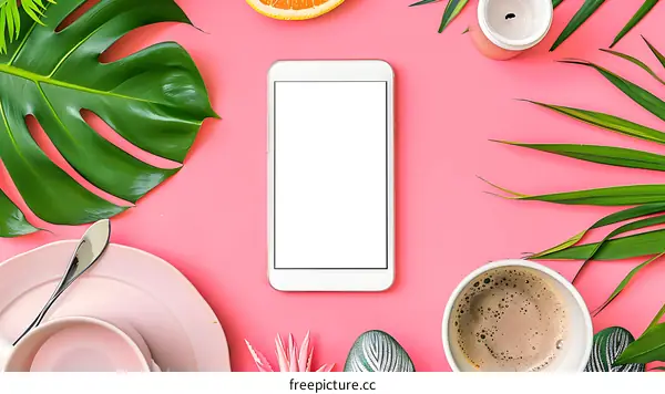 Flat Lay of Coffee Cup, Leaves, and Smartphone on Pink Background