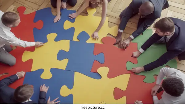 Diverse group of business people putting together puzzle