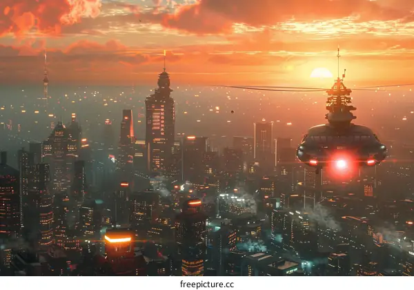 Futuristic City Skyline at Sunset with Aerial Vehicle