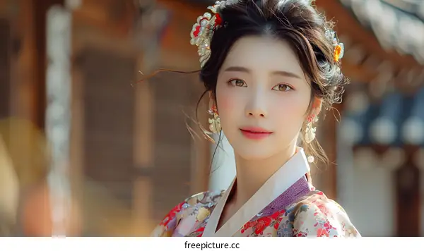 Portrait of a beautiful young Korean woman in traditional Korean dress, or Hanbok