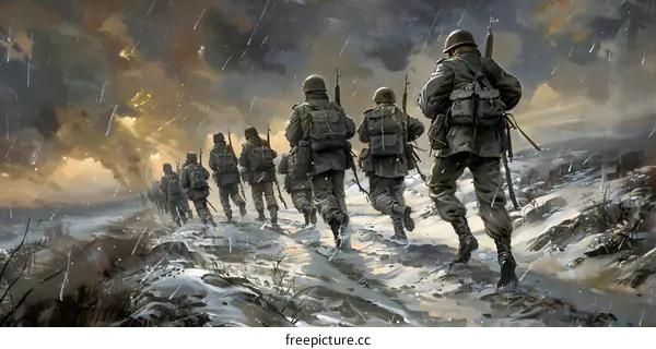 The soldiers are marching in the snow