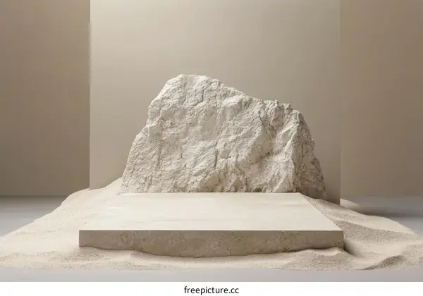 Beige Minimalist Scene with Stone and Sand