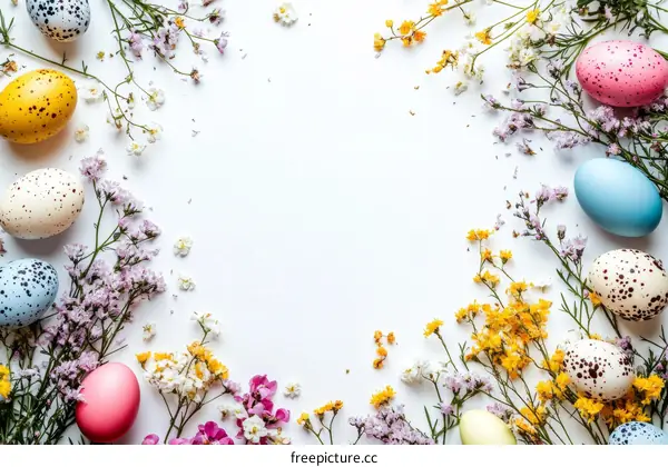 Colorful Easter Eggs Surrounded by Flowers on White Background