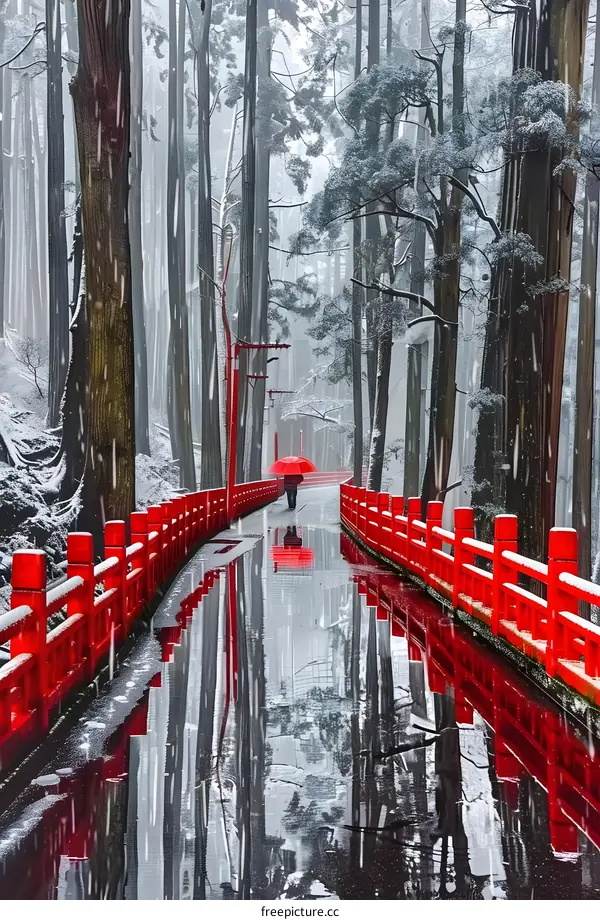 Red Fence Path Through Snowy Forest in Japan