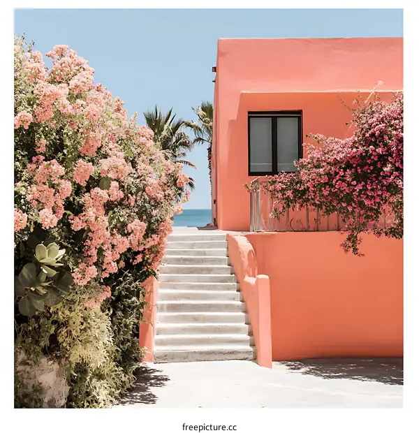 Pink Wall House with Flowers and Stairs