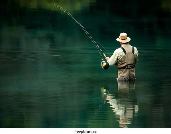Man Fishing in Still Water