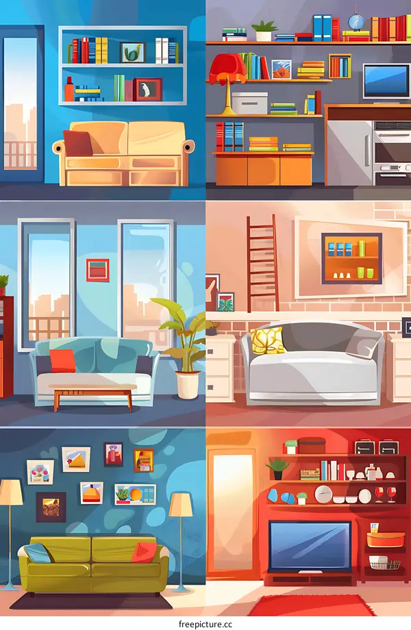 Four Cartoon Living Room Interior Design Illustrations