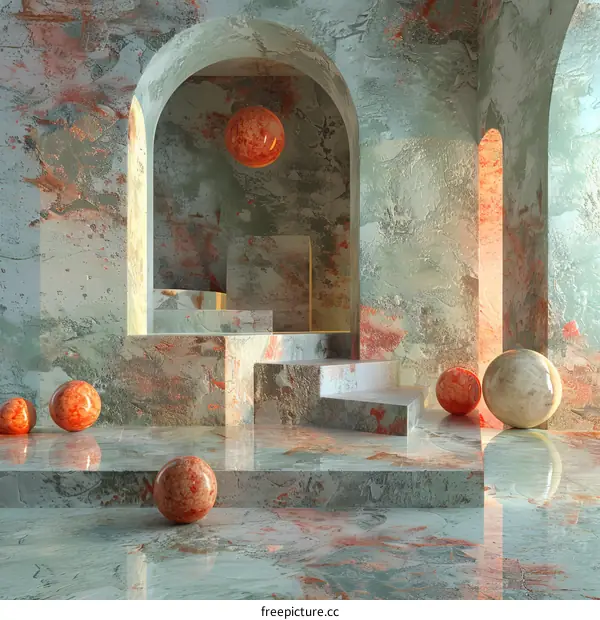Abstract Minimalist Architecture Interior Design with Stone Podium and Spheres