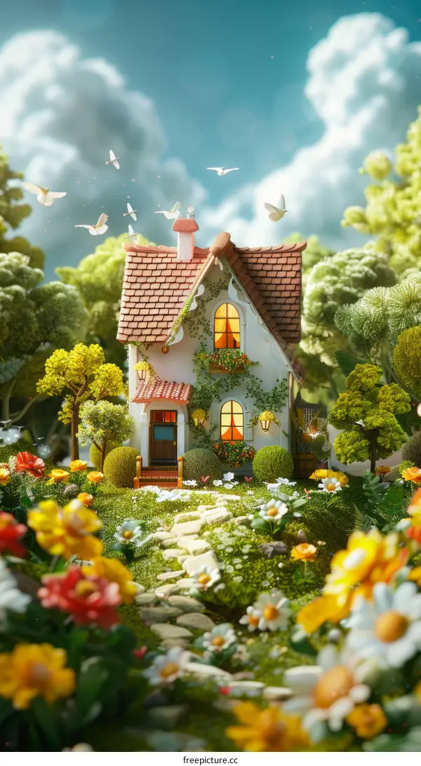 Enchanted Cottage in a Blooming Flower Garden