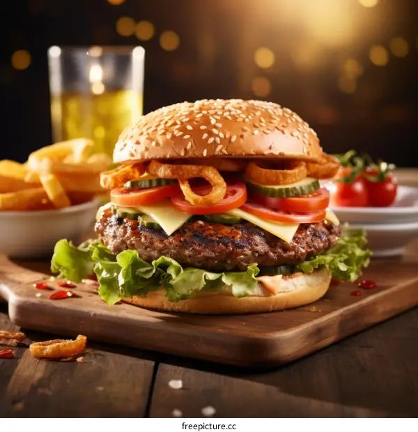 A tempting cheeseburger served with crispy fries and onion rings