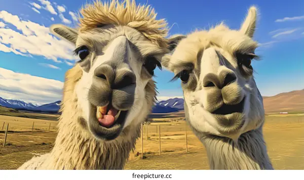 Two funny llamas looking at the camera