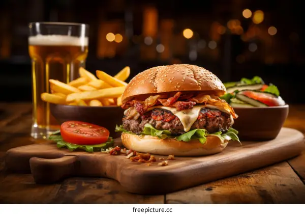 Mouthwatering Burger with Crispy Fries and a Refreshing Beer