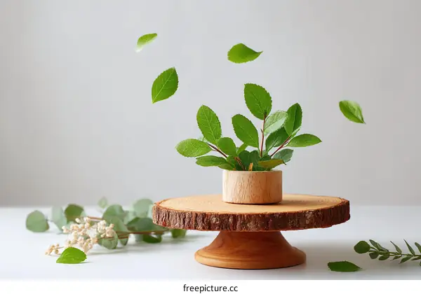 Floating Green Leaves on Wooden Display