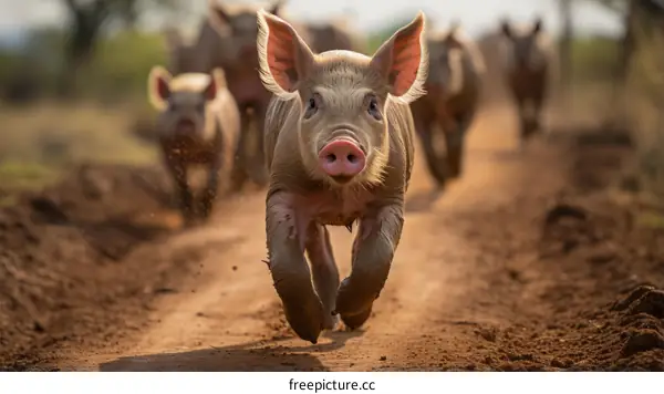 A cute piglet running on a dirt road