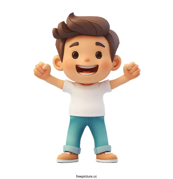 [Transparent Background PNG]Cheerful cartoon boy with brown hair and blue jeans raising arms in joy
