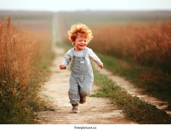 Adorable Child Running Through a Golden Field Path