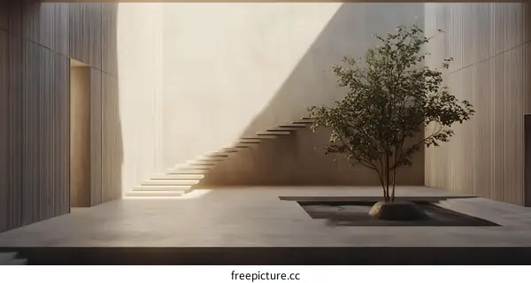 Modern Minimalist Interior Design with Concrete Walls and a Small Tree