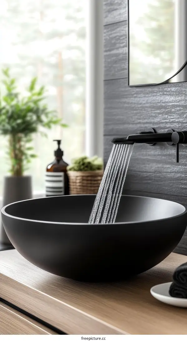 Modern Black Bathroom Sink with Water Flow