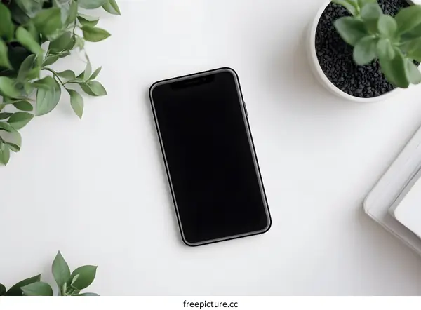 Black Smartphone on White Table with Green Plants