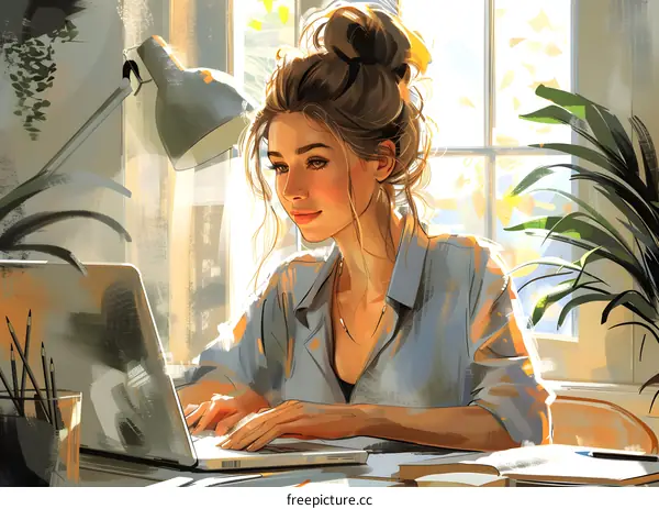 A woman is working on her laptop in a home office.