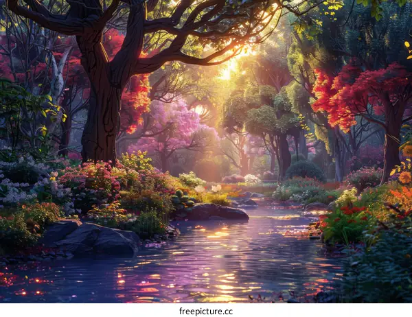 Enchanted Forest Stream: Sunlight Through the Trees