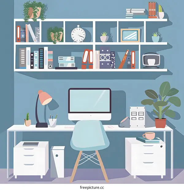 Modern Home Office with Desk, Computer, and Shelf