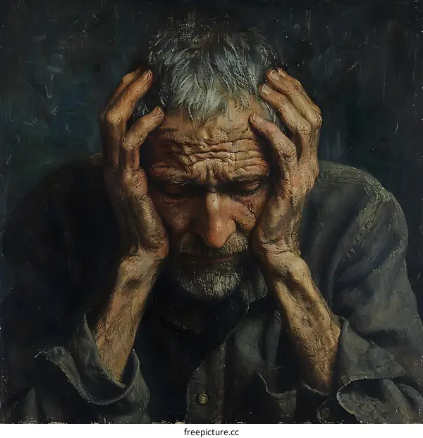 Portrait of an old man with hands on head