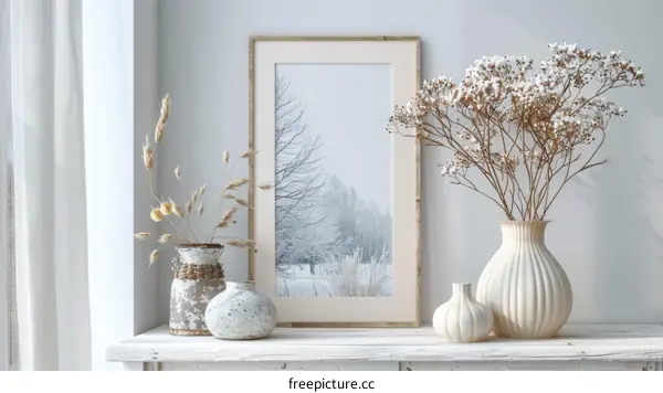 A wooden shelf with a picture frame, a vase of wheat, and a vase of baby's breath flowers.