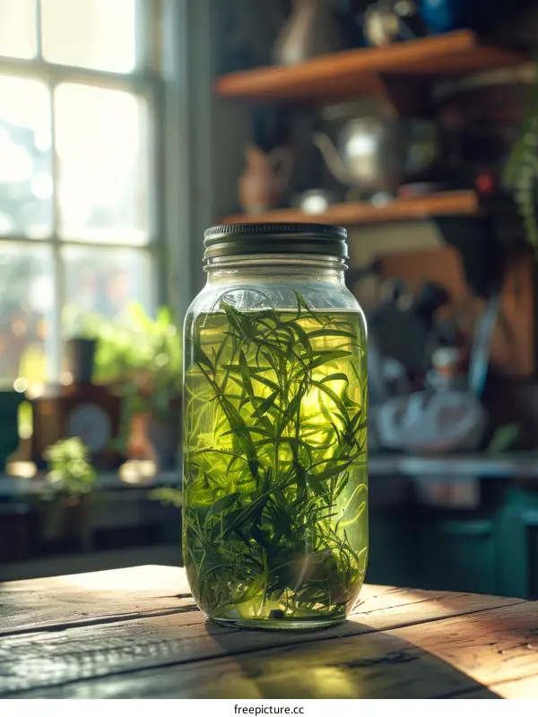 A jar of green liquid on a wooden table