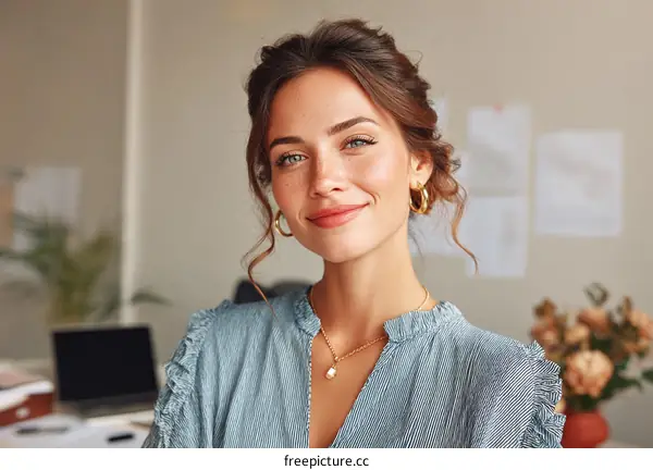Portrait of a Woman in a Light Blue Top